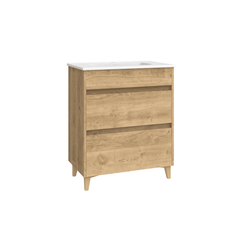 Mueble de Baño A Suelo con Lavabo Cerámico Fondo Reducido modelo Veloz | Mueble Baño con Patas 2 Cajones para Aseo | Roble Natural