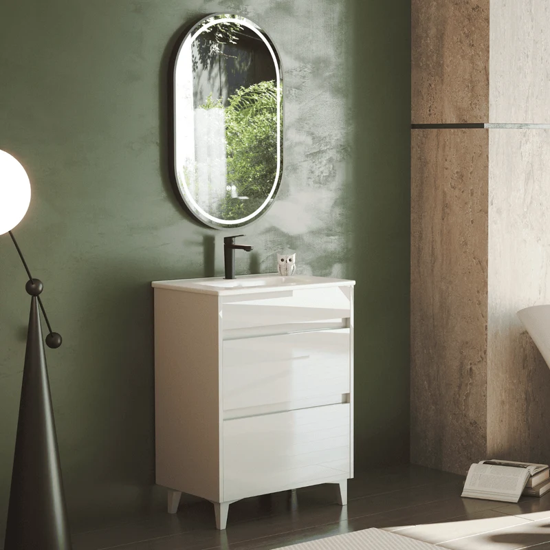 Mueble de Baño A Suelo con Lavabo Cerámico Fondo Reducido modelo Veloz | Mueble Baño con Patas 2 Cajones para Aseo | Blanco Brillo