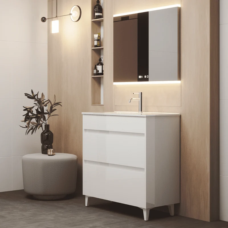 Mueble de Baño A Suelo con Lavabo Cerámico Fondo Reducido modelo Veloz | Mueble Baño con Patas 2 Cajones para Aseo | Blanco Brillo