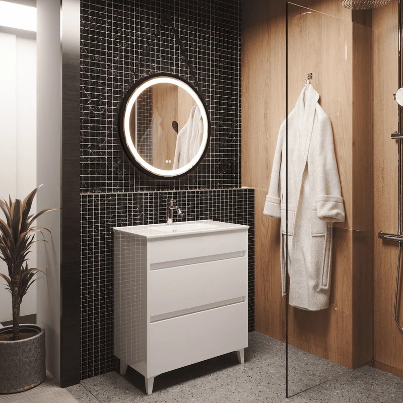 Mueble de Baño A Suelo con Lavabo Cerámico Fondo Reducido modelo Veloz | Mueble Baño con Patas 2 Cajones para Aseo | Blanco Brillo