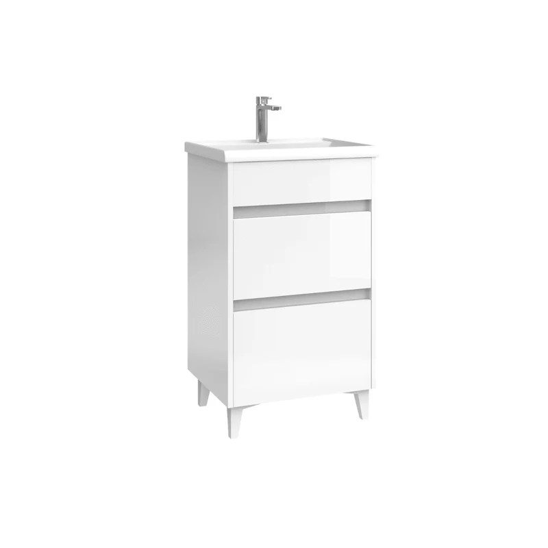 Mueble de Baño A Suelo con Lavabo Cerámico Fondo Reducido modelo Veloz | Mueble Baño con Patas 2 Cajones para Aseo | Blanco Brillo