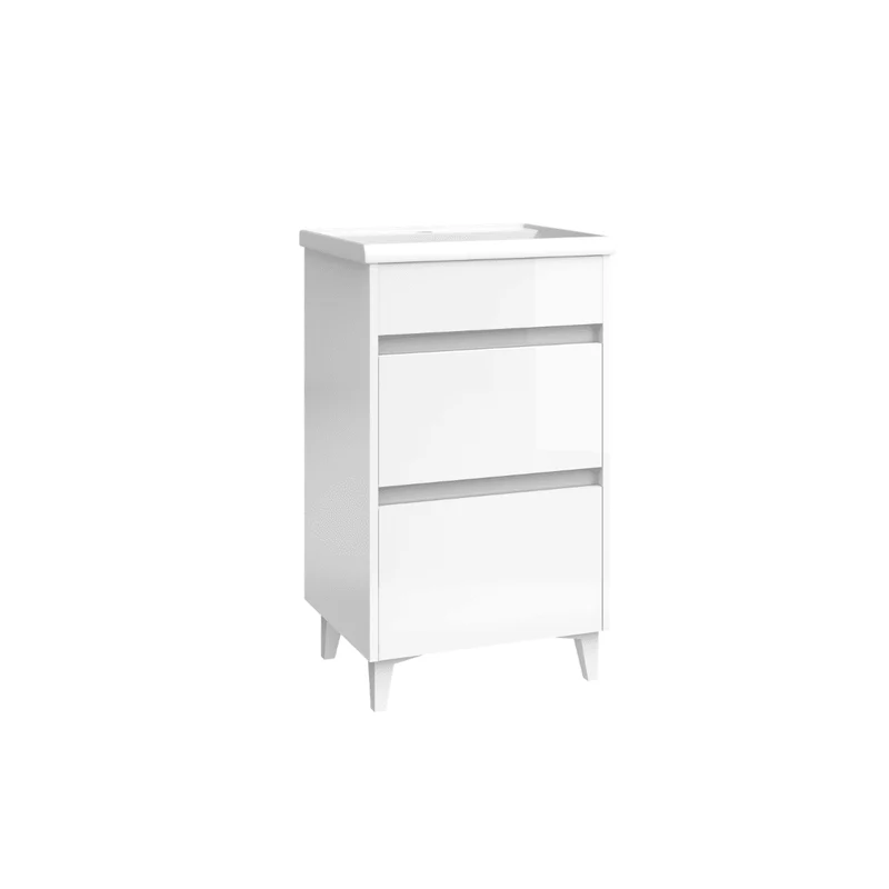 Mueble de Baño A Suelo con Lavabo Cerámico Fondo Reducido modelo Veloz | Mueble Baño con Patas 2 Cajones para Aseo | Blanco Brillo