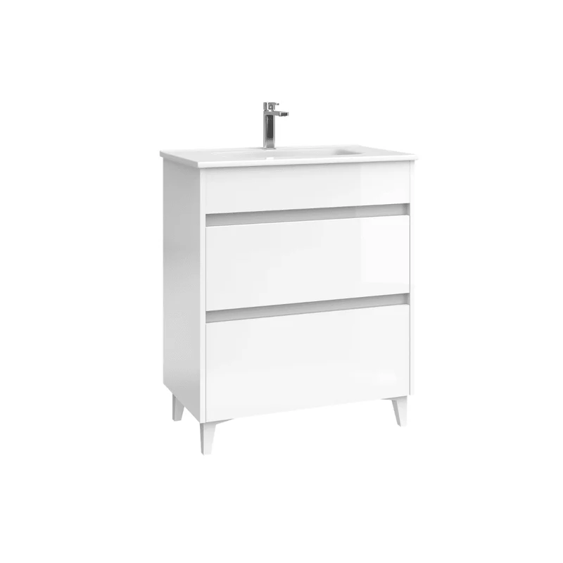 Mueble de Baño A Suelo con Lavabo Cerámico Fondo Reducido modelo Veloz | Mueble Baño con Patas 2 Cajones para Aseo | Blanco Brillo