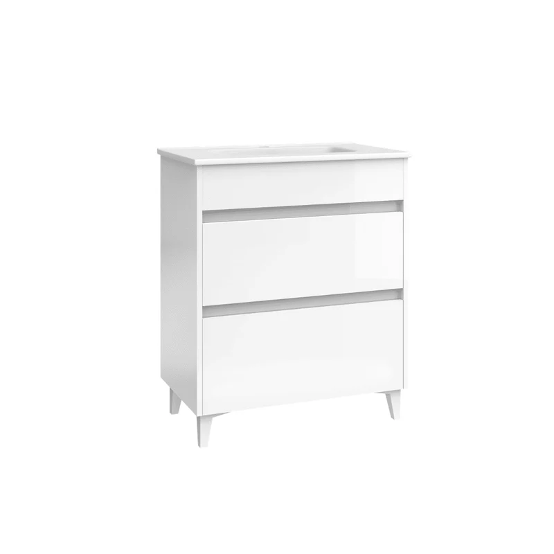 Mueble de Baño A Suelo con Lavabo Cerámico Fondo Reducido modelo Veloz | Mueble Baño con Patas 2 Cajones para Aseo | Blanco Brillo
