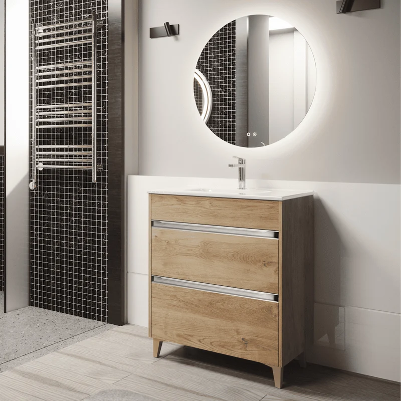 Mueble de Baño A Suelo con Lavabo Cerámico Fondo Reducido modelo Veloz | Mueble Baño con Patas 2 Cajones con Tirador para Aseo | Roble Natural