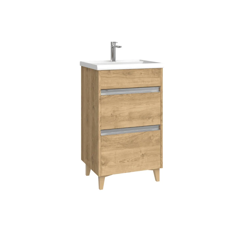 Mueble de Baño A Suelo con Lavabo Cerámico Fondo Reducido modelo Veloz | Mueble Baño con Patas 2 Cajones con Tirador para Aseo | Roble Natural