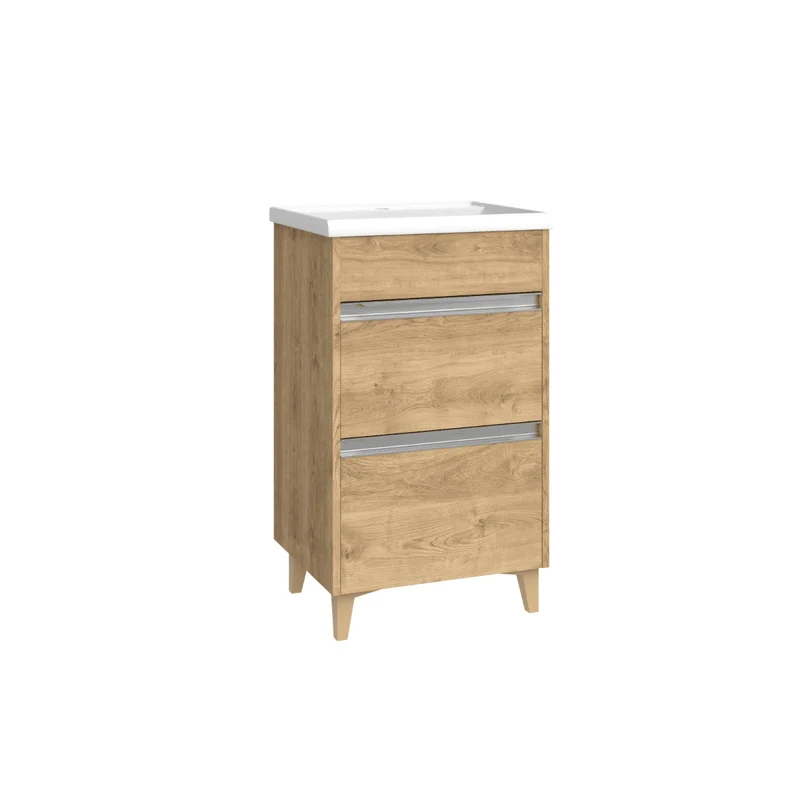Mueble de Baño A Suelo con Lavabo Cerámico Fondo Reducido modelo Veloz | Mueble Baño con Patas 2 Cajones con Tirador para Aseo | Roble Natural