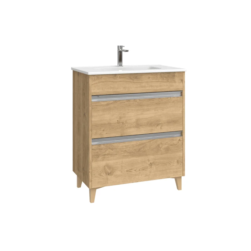 Mueble de Baño A Suelo con Lavabo Cerámico Fondo Reducido modelo Veloz | Mueble Baño con Patas 2 Cajones con Tirador para Aseo | Roble Natural