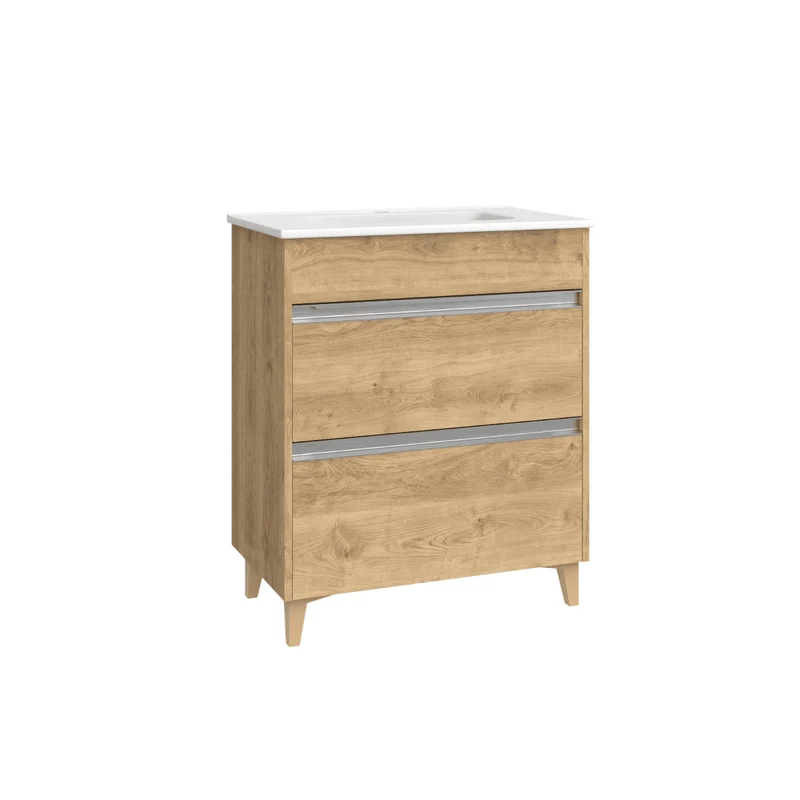 Mueble de Baño A Suelo con Lavabo Cerámico Fondo Reducido modelo Veloz | Mueble Baño con Patas 2 Cajones con Tirador para Aseo | Roble Natural