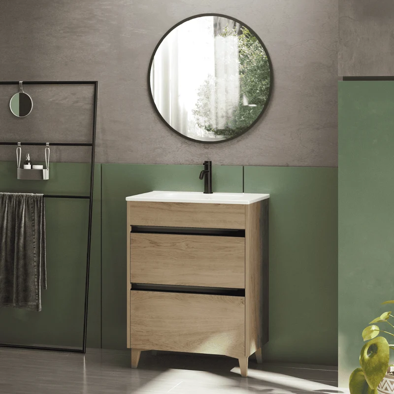 Mueble de Baño A Suelo con Lavabo Cerámico Fondo Reducido modelo Veloz | Mueble Baño con Patas 2 Cajones con Tirador para Aseo | Roble Natural