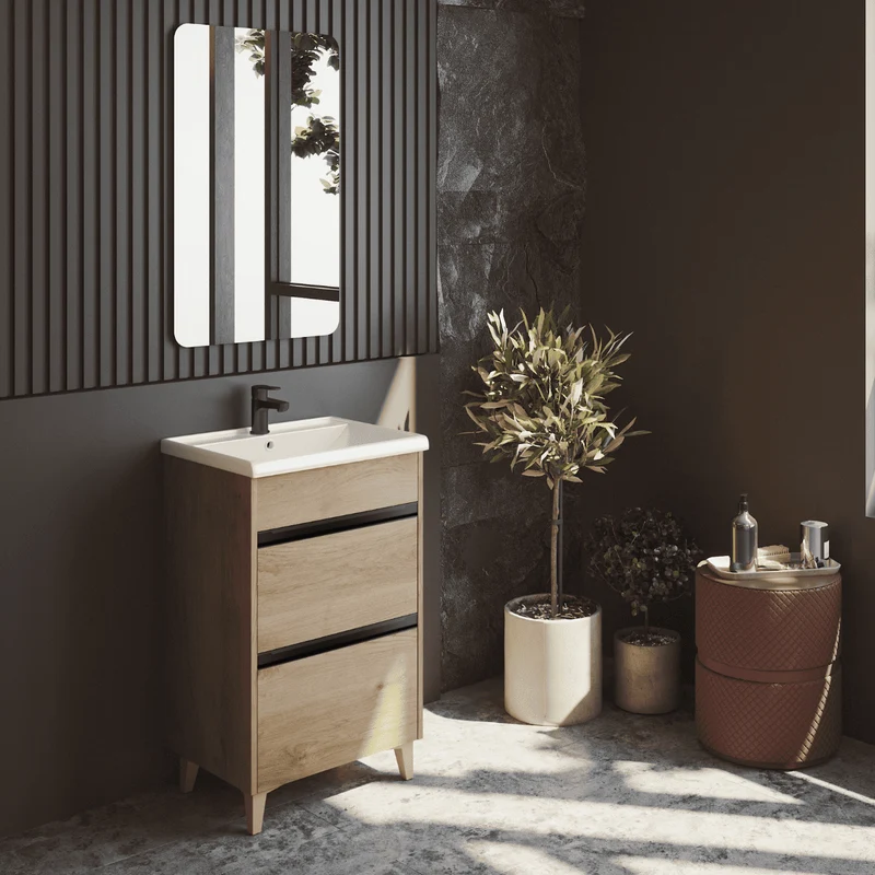 Mueble de Baño A Suelo con Lavabo Cerámico Fondo Reducido modelo Veloz | Mueble Baño con Patas 2 Cajones con Tirador para Aseo | Roble Natural