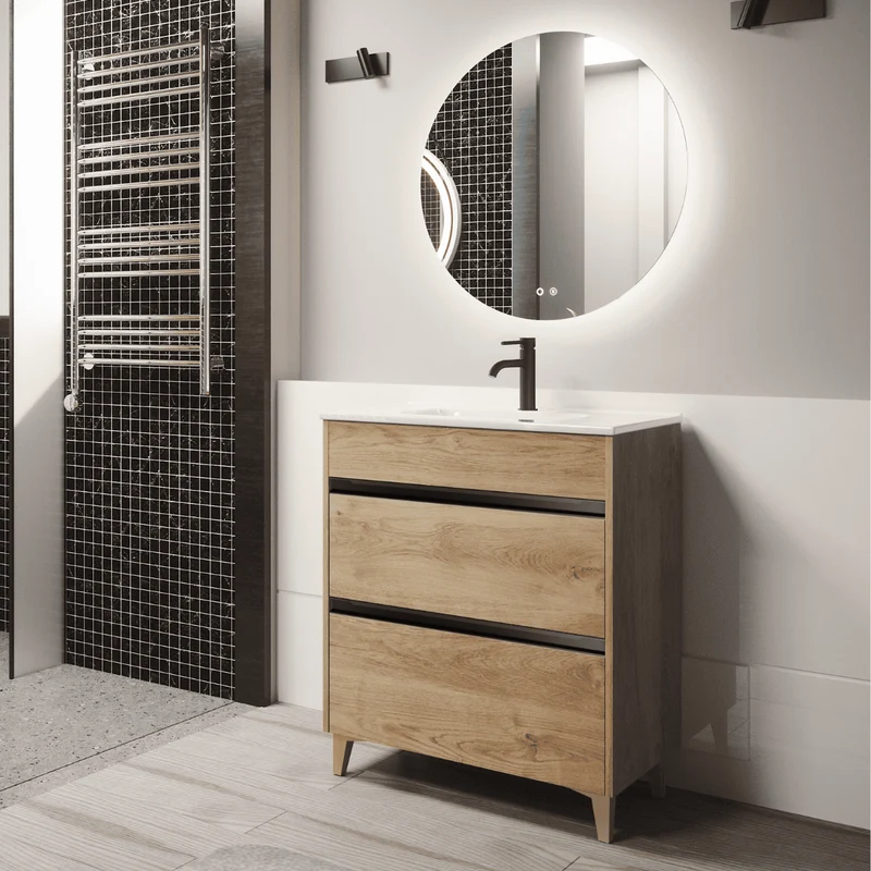 Mueble de Baño A Suelo con Lavabo Cerámico Fondo Reducido modelo Veloz | Mueble Baño con Patas 2 Cajones con Tirador para Aseo | Roble Natural