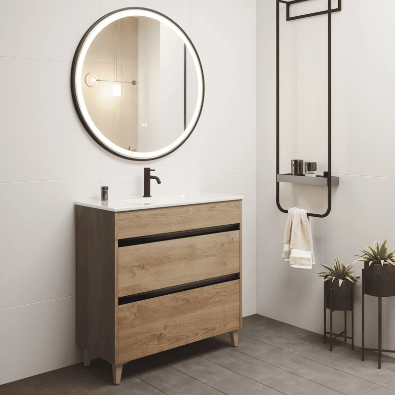 Mueble de Baño A Suelo con Lavabo Cerámico Fondo Reducido modelo Veloz | Mueble Baño con Patas 2 Cajones con Tirador para Aseo | Roble Natural