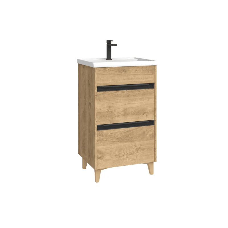 Mueble de Baño A Suelo con Lavabo Cerámico Fondo Reducido modelo Veloz | Mueble Baño con Patas 2 Cajones con Tirador para Aseo | Roble Natural