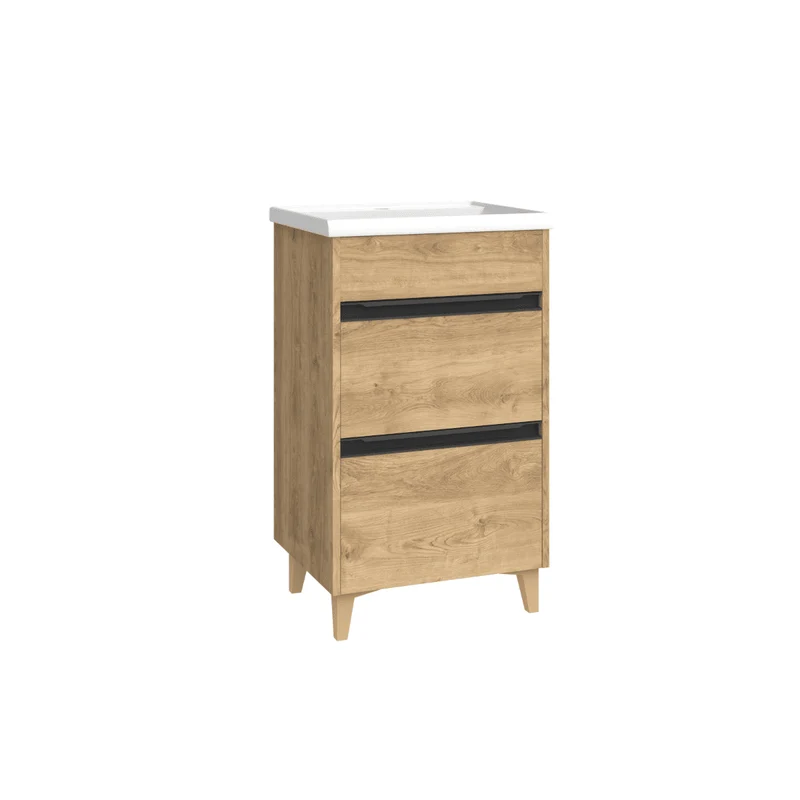 Mueble de Baño A Suelo con Lavabo Cerámico Fondo Reducido modelo Veloz | Mueble Baño con Patas 2 Cajones con Tirador para Aseo | Roble Natural