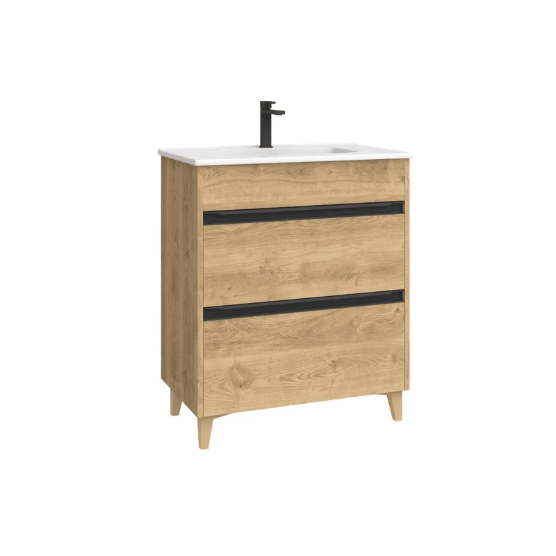 Mueble de Baño A Suelo con Lavabo Cerámico Fondo Reducido modelo Veloz | Mueble Baño con Patas 2 Cajones con Tirador para Aseo | Roble Natural