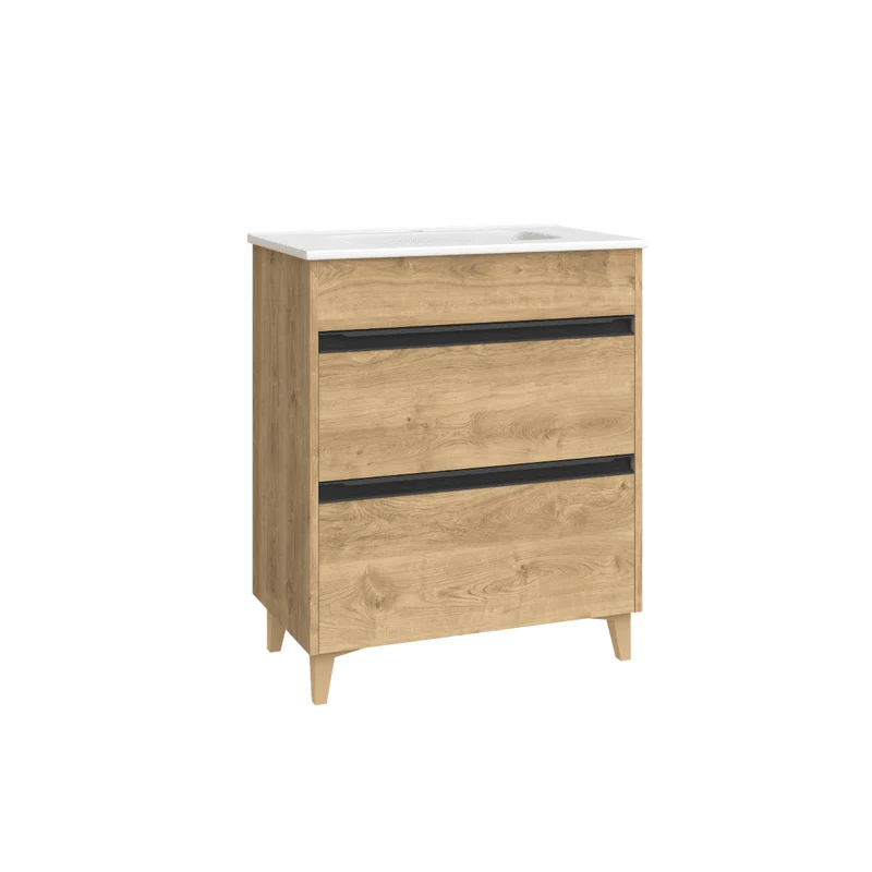 Mueble de Baño A Suelo con Lavabo Cerámico Fondo Reducido modelo Veloz | Mueble Baño con Patas 2 Cajones con Tirador para Aseo | Roble Natural