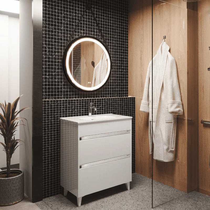 Mueble de Baño A Suelo con Lavabo Cerámico Fondo Reducido modelo Veloz | Mueble Baño con Patas 2 Cajones con Tirador para Aseo | Blanco Brillo