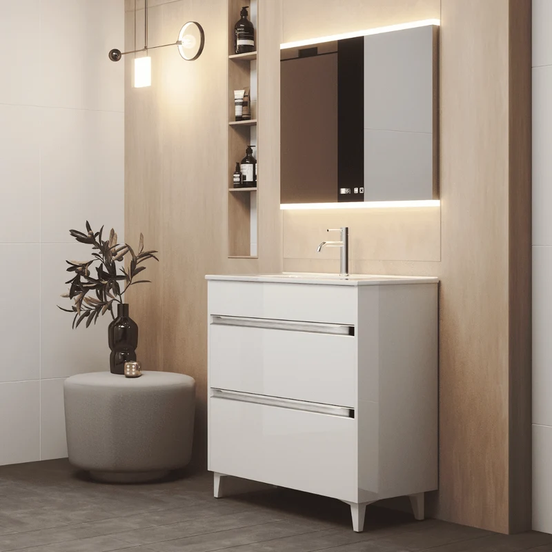 Mueble de Baño A Suelo con Lavabo Cerámico Fondo Reducido modelo Veloz | Mueble Baño con Patas 2 Cajones con Tirador para Aseo | Blanco Brillo