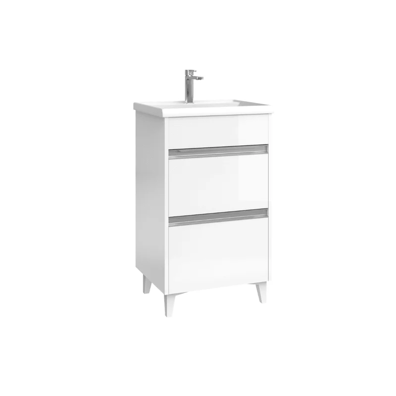 Mueble de Baño A Suelo con Lavabo Cerámico Fondo Reducido modelo Veloz | Mueble Baño con Patas 2 Cajones con Tirador para Aseo | Blanco Brillo
