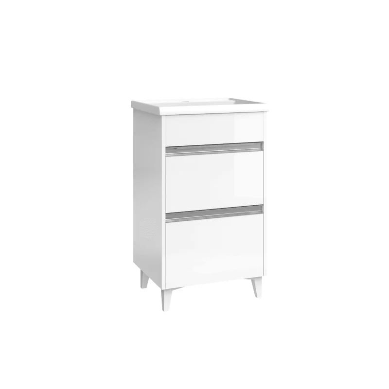 Mueble de Baño A Suelo con Lavabo Cerámico Fondo Reducido modelo Veloz | Mueble Baño con Patas 2 Cajones con Tirador para Aseo | Blanco Brillo