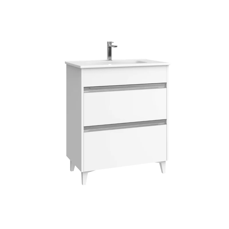 Mueble de Baño A Suelo con Lavabo Cerámico Fondo Reducido modelo Veloz | Mueble Baño con Patas 2 Cajones con Tirador para Aseo | Blanco Brillo