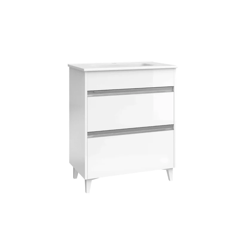 Mueble de Baño A Suelo con Lavabo Cerámico Fondo Reducido modelo Veloz | Mueble Baño con Patas 2 Cajones con Tirador para Aseo | Blanco Brillo