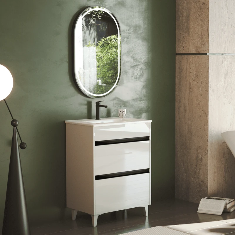 Mueble de Baño A Suelo con Lavabo Cerámico Fondo Reducido modelo Veloz | Mueble Baño con Patas 2 Cajones con Tirador para Aseo | Blanco Brillo