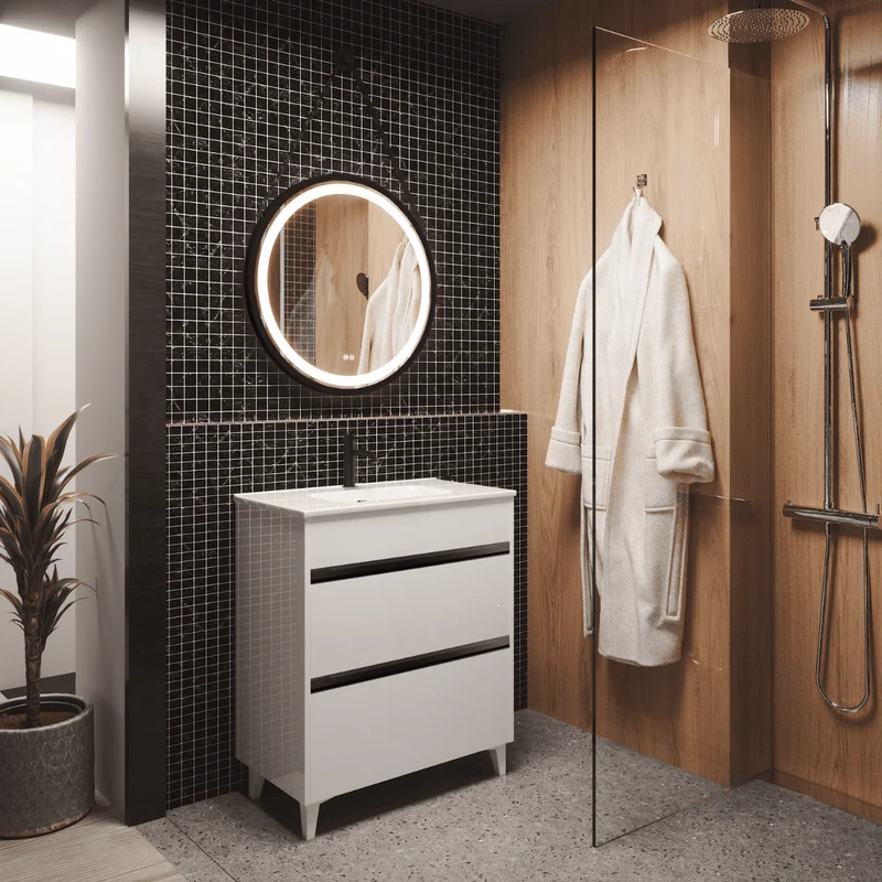 Mueble de Baño A Suelo con Lavabo Cerámico Fondo Reducido modelo Veloz | Mueble Baño con Patas 2 Cajones con Tirador para Aseo | Blanco Brillo