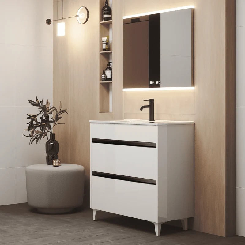 Mueble de Baño A Suelo con Lavabo Cerámico Fondo Reducido modelo Veloz | Mueble Baño con Patas 2 Cajones con Tirador para Aseo | Blanco Brillo