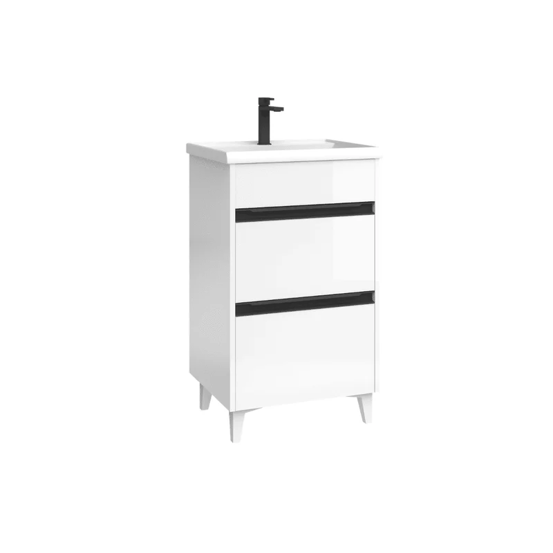 Mueble de Baño A Suelo con Lavabo Cerámico Fondo Reducido modelo Veloz | Mueble Baño con Patas 2 Cajones con Tirador para Aseo | Blanco Brillo
