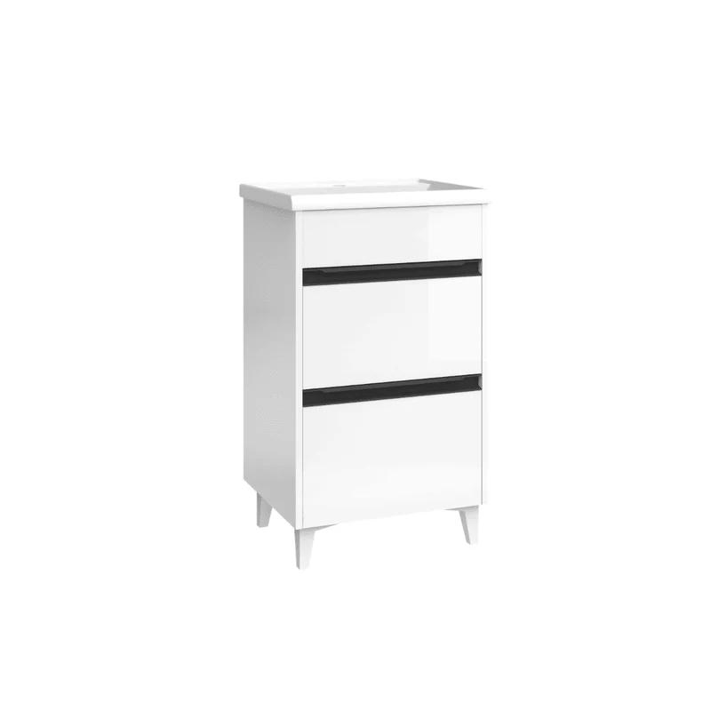 Mueble de Baño A Suelo con Lavabo Cerámico Fondo Reducido modelo Veloz | Mueble Baño con Patas 2 Cajones con Tirador para Aseo | Blanco Brillo