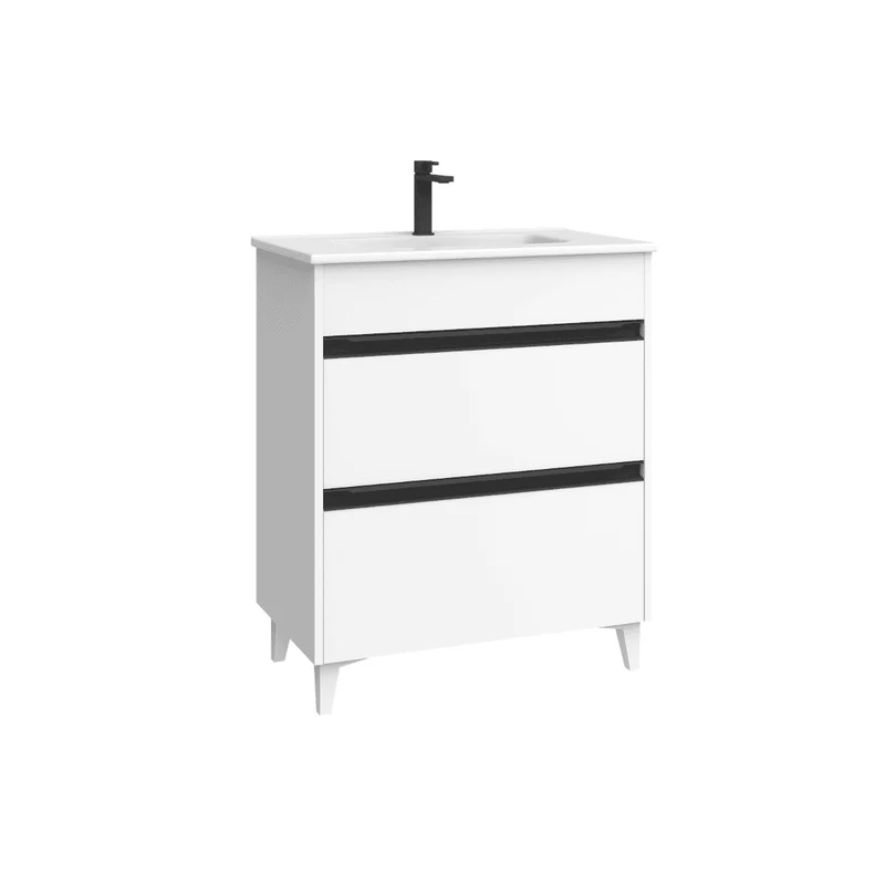 Mueble de Baño A Suelo con Lavabo Cerámico Fondo Reducido modelo Veloz | Mueble Baño con Patas 2 Cajones con Tirador para Aseo | Blanco Brillo
