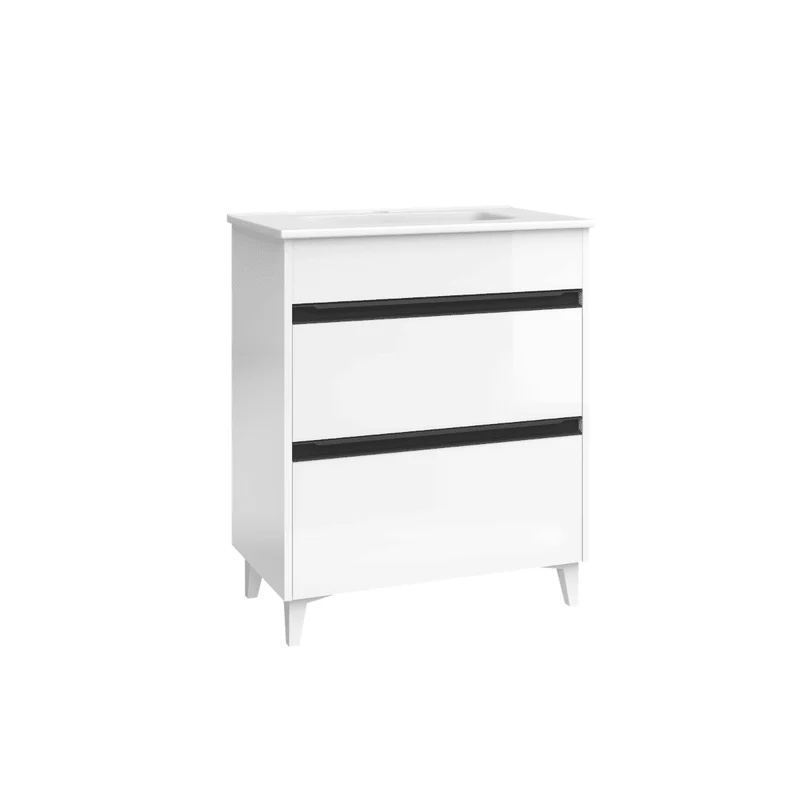 Mueble de Baño A Suelo con Lavabo Cerámico Fondo Reducido modelo Veloz | Mueble Baño con Patas 2 Cajones con Tirador para Aseo | Blanco Brillo