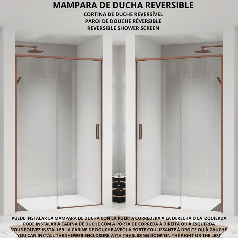 Vallance Mampara Ducha Frontal 1 puerta 1 fijo Corredera | Vidrio Templado 6mm Antical Transparente | Perfil Cobre