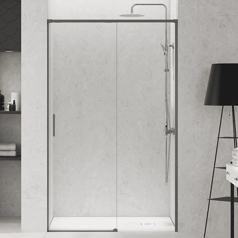 Vallance Mampara Ducha Frontal 1 puerta 1 fijo Corredera | Vidrio Templado 6mm Antical Transparente | Perfil Gun Metal