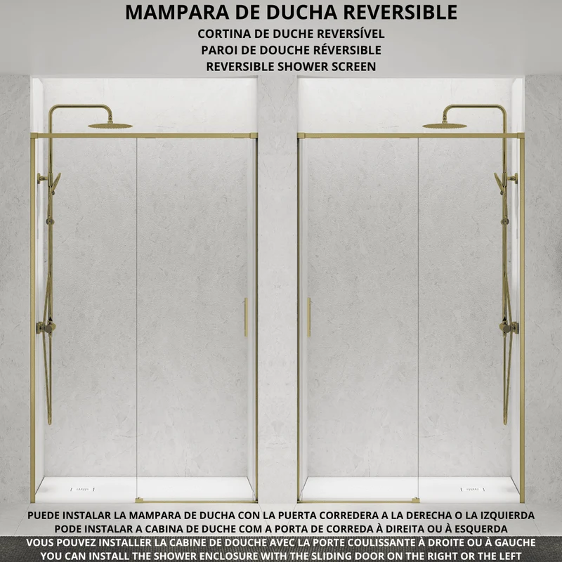 Vallance Mampara Ducha Frontal 1 puerta 1 fijo Corredera | Vidrio Templado 6mm Antical Transparente | Perfil Oro Mate