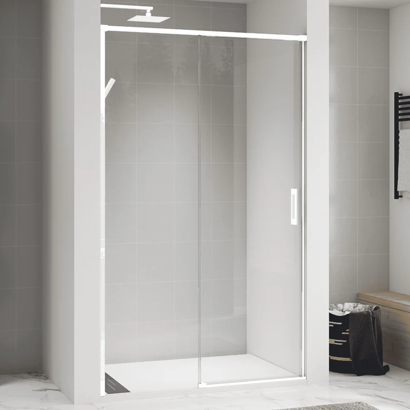 Vallance Mampara Ducha Frontal 1 puerta 1 fijo Corredera | Vidrio Templado 6mm Antical Transparente | Perfil Blanco