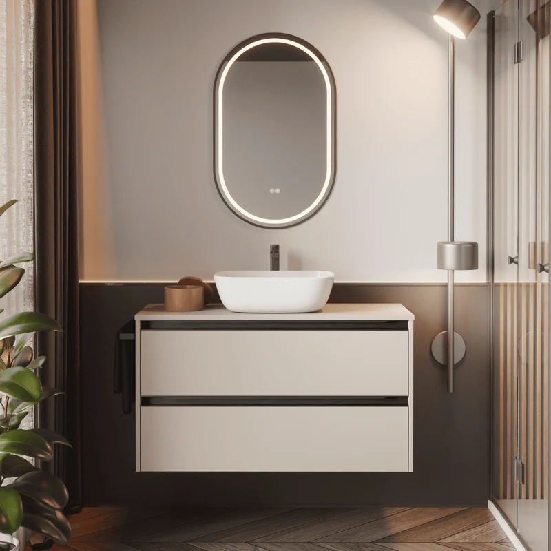 Mueble de Baño Suspendido con Lavabo Sobreponer Cerámico modelo Veloz|Mueble Volado 2 Cajones Con Tirador | Moka