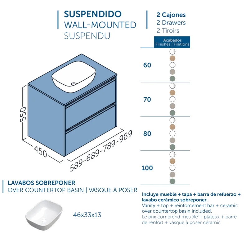 Mueble de Baño Suspendido con Lavabo Sobreponer Cerámico modelo Veloz|Mueble Volado 2 Cajones Con Tirador | Leaf