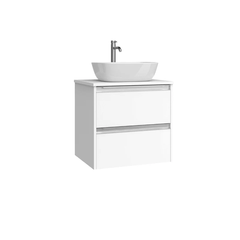 Mueble de Baño Suspendido con Lavabo Sobreponer Cerámico modelo Veloz|Mueble Volado 2 Cajones Con Tirador | Blanco Mate