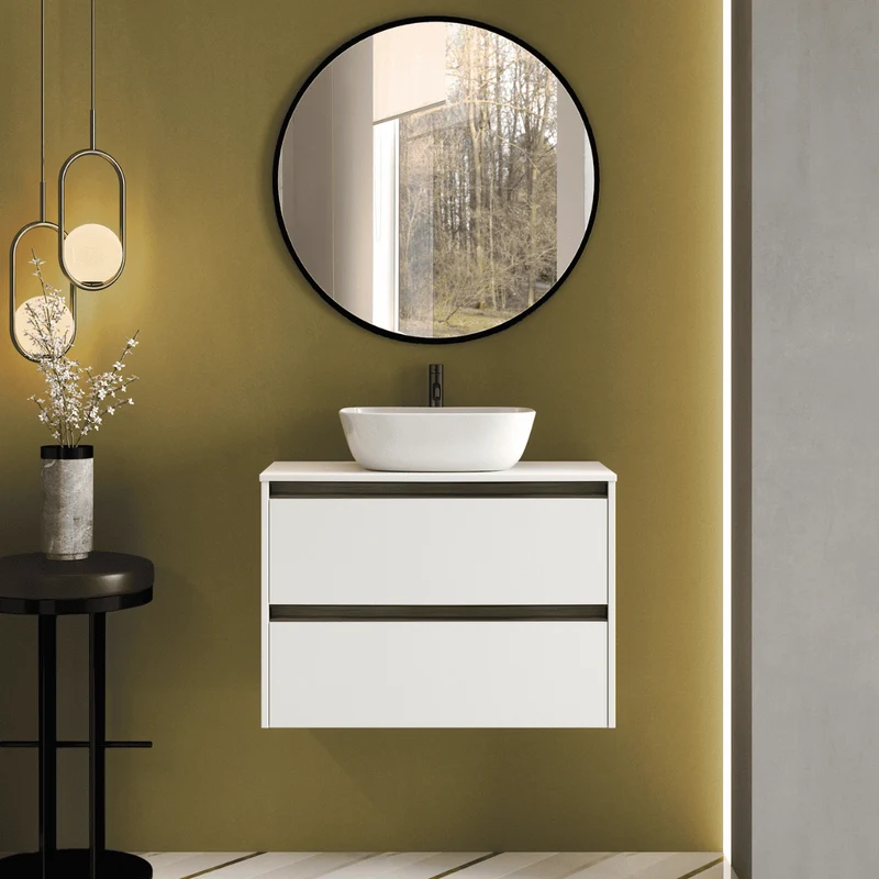 Mueble de Baño Suspendido con Lavabo Sobreponer Cerámico modelo Veloz|Mueble Volado 2 Cajones Con Tirador | Blanco Mate