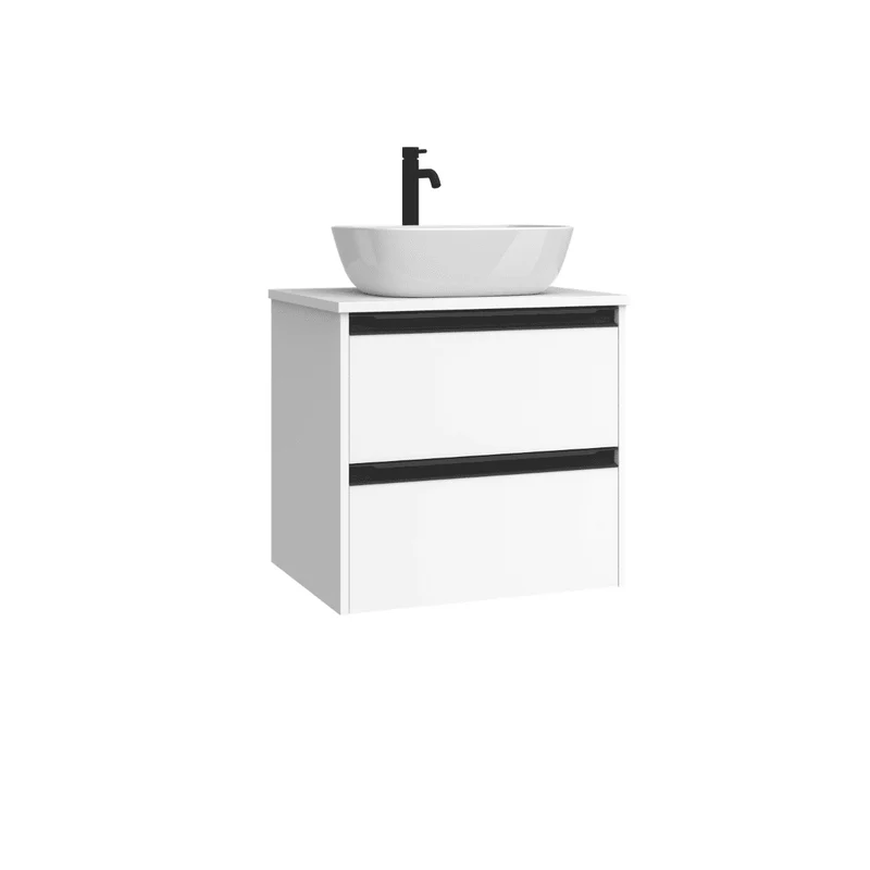 Mueble de Baño Suspendido con Lavabo Sobreponer Cerámico modelo Veloz|Mueble Volado 2 Cajones Con Tirador | Blanco Mate