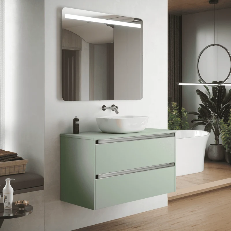 Mueble de Baño Suspendido con Lavabo Sobreponer Cerámico modelo Veloz|Mueble Volado 2 Cajones Con Tirador | Leaf