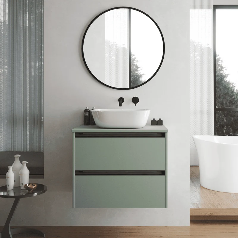 Mueble de Baño Suspendido con Lavabo Sobreponer Cerámico modelo Veloz|Mueble Volado 2 Cajones Con Tirador | Leaf