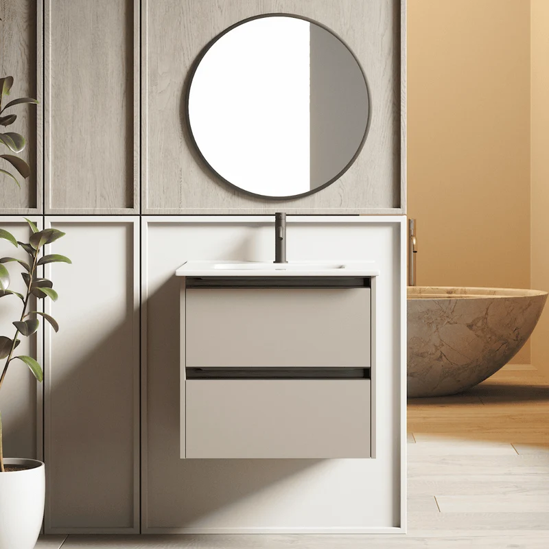 Mueble de Baño Suspendido con Lavabo Cerámico modelo Veloz| Mueble Volado 2 Cajones Con Tirador | Moka