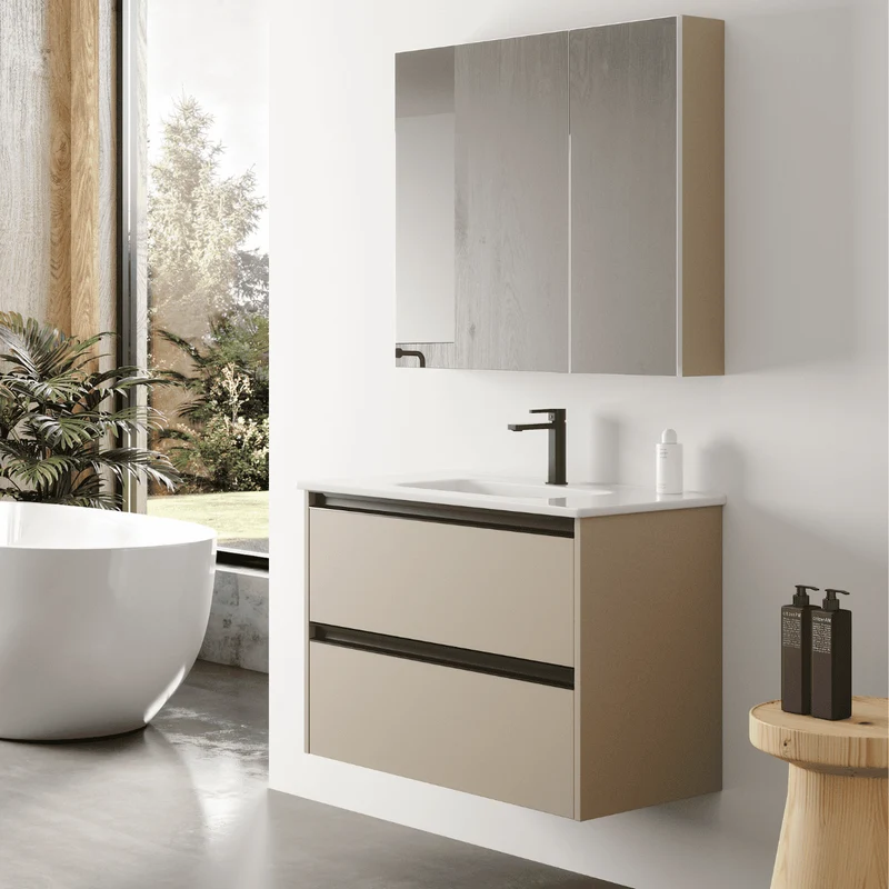 Mueble de Baño Suspendido con Lavabo Cerámico modelo Veloz| Mueble Volado 2 Cajones Con Tirador | Moka