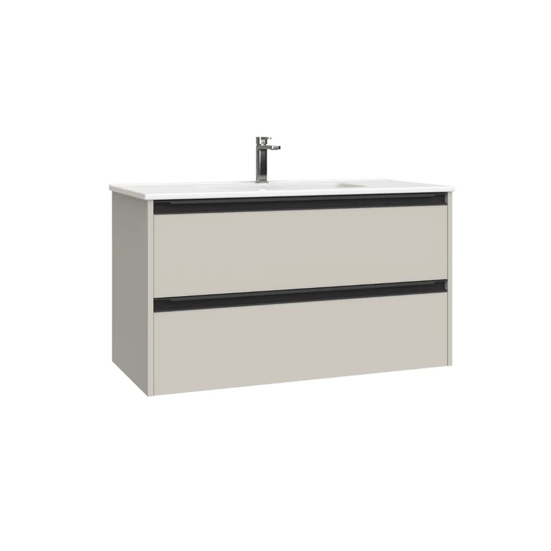 Mueble de Baño Suspendido con Lavabo Cerámico modelo Veloz| Mueble Volado 2 Cajones Con Tirador | Moka