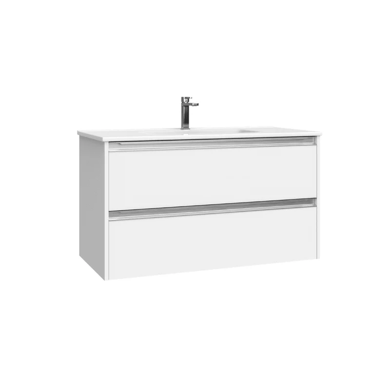 Mueble de Baño Suspendido con Lavabo Cerámico modelo Veloz| Mueble Volado 2 Cajones Con Tirador | Blanco Mate