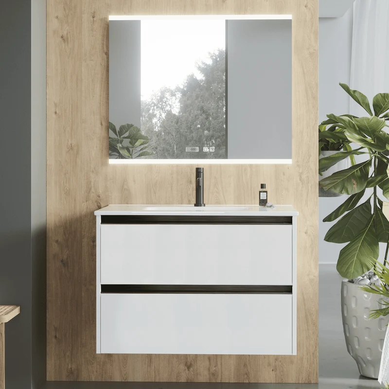 Mueble de Baño Suspendido con Lavabo Cerámico modelo Veloz| Mueble Volado 2 Cajones Con Tirador | Blanco Mate